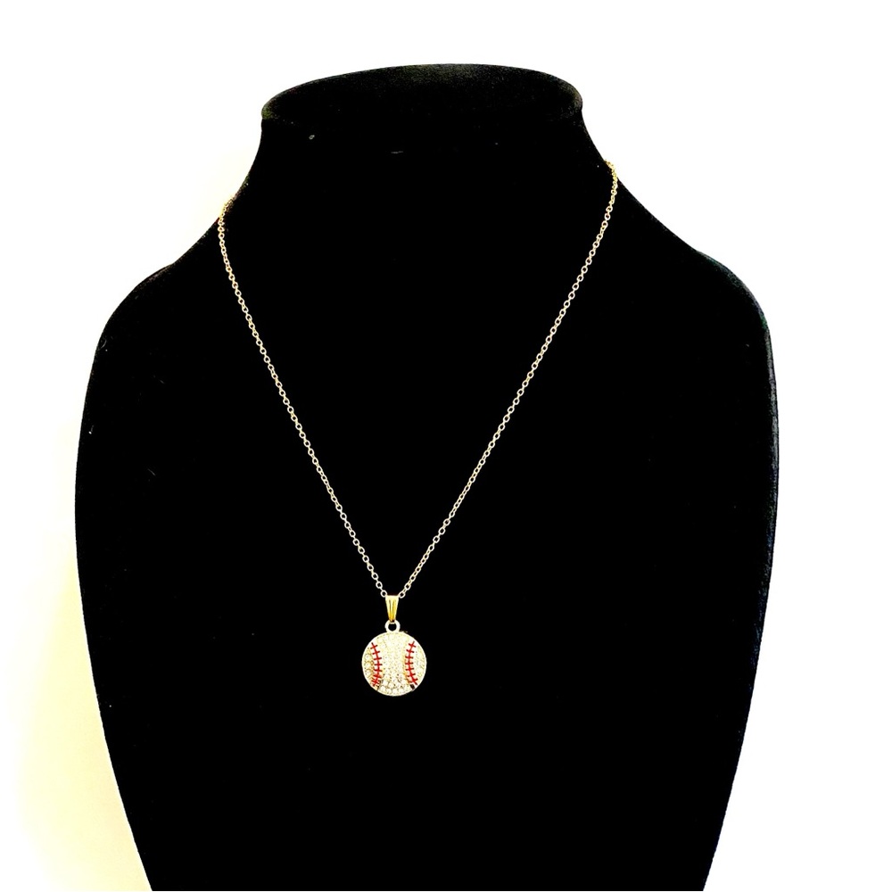 Baseball Necklace Gold Rhinestone - Picture 3 of 7